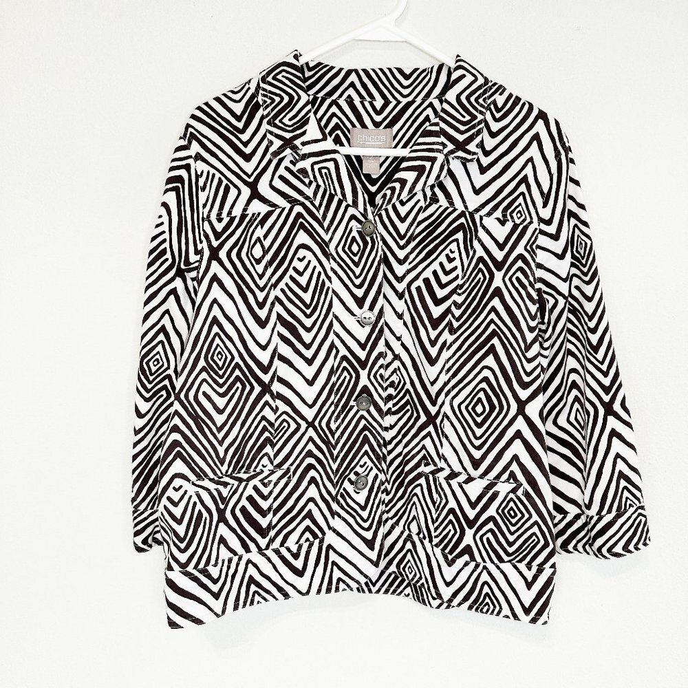 Chicos Jacket Size L 2 Brown White Geometric 3/4 Sleeve Button Up Cotton Stretch